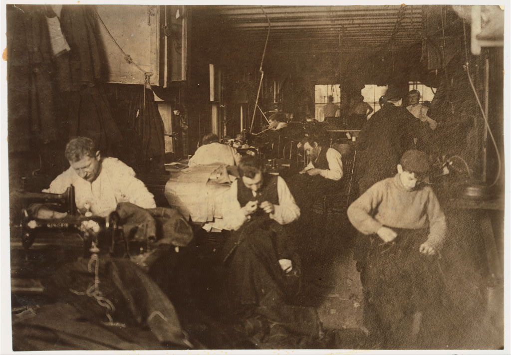 Group of sweatshop workers in shop of M. Silverman. 30 Suffolk St., N.Y. Feb. 21, 1908. Location: New York, New York (State