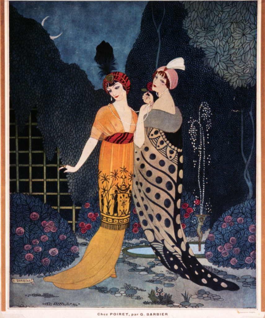 Two female figures in Poiret evening gowns and turban hats with feathers, in exotic garden